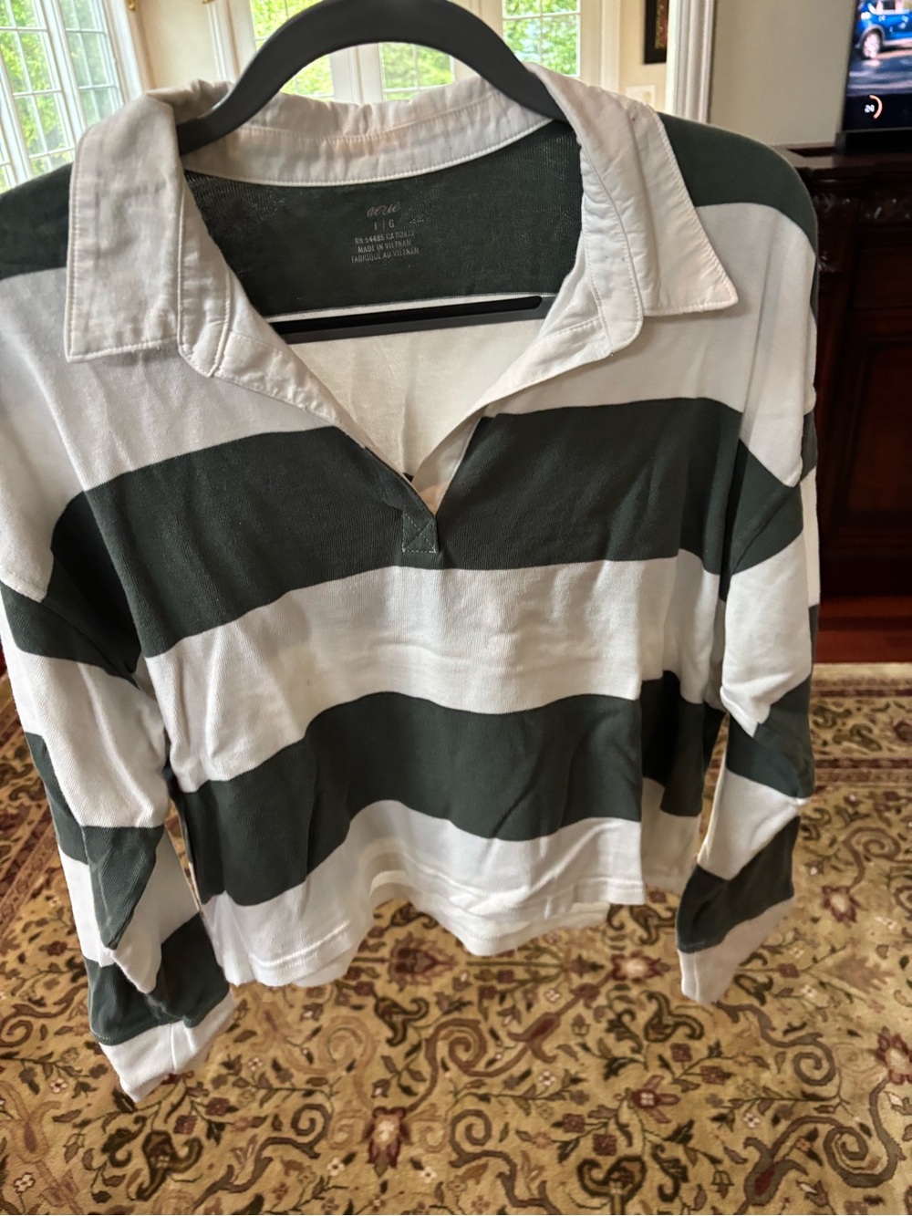 aerie Striped Rugby Top in White and Dark Green